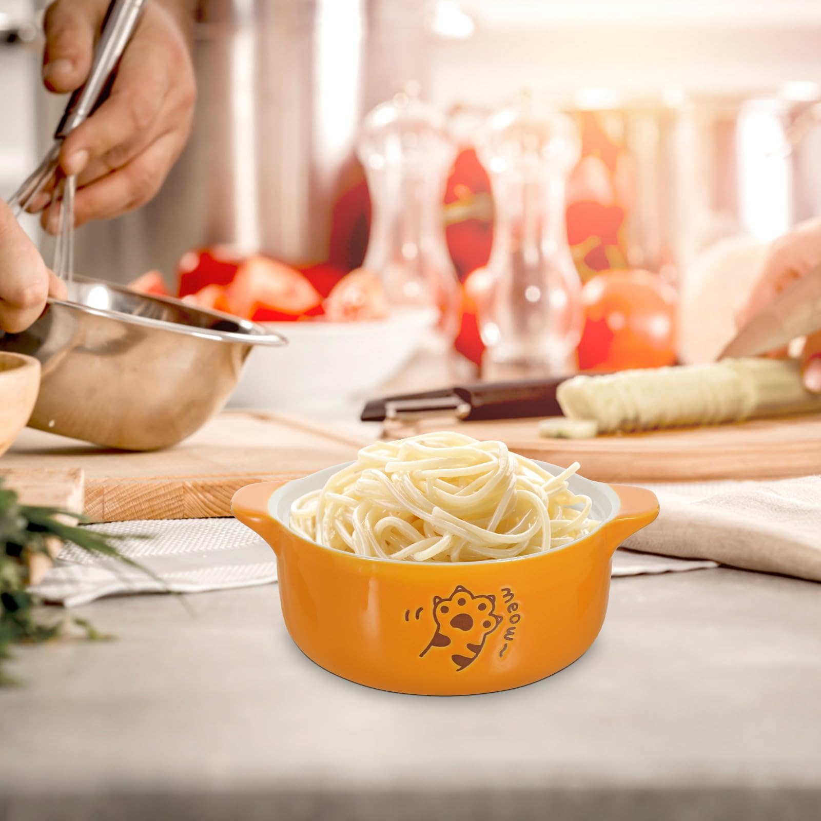 Tazón de Ramen de Cerámica con Diseño de Gato y Tapa 720 Ml | Uso Diario para Sopa, Fideos, Arroz y Frutas, Adecuado en Celebraciones y Reuniones Familiares