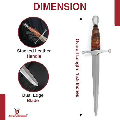 Miniatura 2 de Armory Replicas Royal Arming Dagger - Hoja de acero de alto carbono 1095 con mango de cuero apilado, pomo y protector de acero, incluye funda de