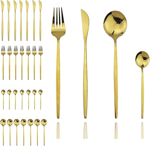 JASHII Juego de 32 cubiertos de acero inoxidable para el hogar de cocina de acero inoxidable juego de cubiertos de oro juego de cubiertos con espejo