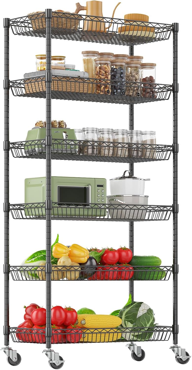 Himimi 6 Tier Rolling Storage Cart, Metal Wire Basket Rack with Wheels, Adjustable Storage Shelves Organizer Shelf for Kitchen Pantry Garage Laundry Room Bathroom, 17" W X 12" D X 63" H, Black