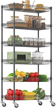 Himimi 6 Tier Rolling Storage Cart, Metal Wire Basket Rack with Wheels, Adjustable Storage Shelves Organizer Shelf for Kitchen Pantry Garage Laundry Room Bathroom, 30" W X 13.5" D X 63" H, Black