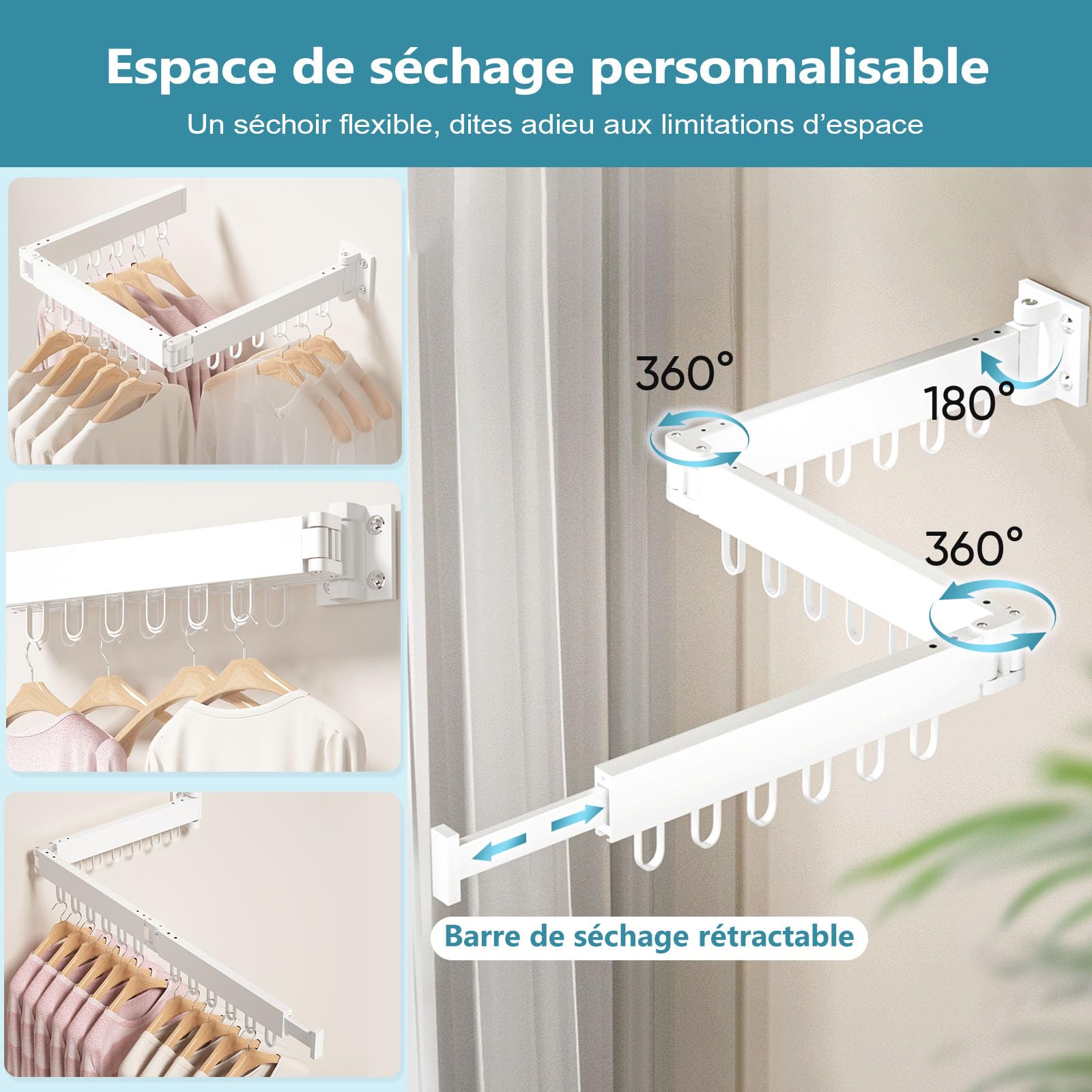 JAUREE Séchoir à Linge Murale, Séchoir à Linge Escamotable et Pliable, Séchoir à Vêtements Mural Économiseur d'Espace, Séchoir Rétractable Tripliable pour Intérieur/Extérieur avec 18 Crochets, Blanc