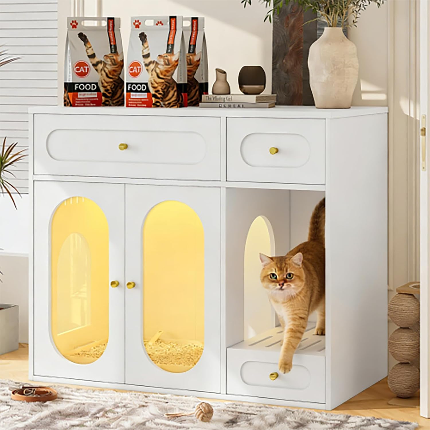 Cat Litter Box Enclosure with LED Light, Hidden Litter Box Furniture with Storage Drawers, Fit Most of Litter Box, Indoor Pet House with Acrylic Doors, End Table, for Living Room