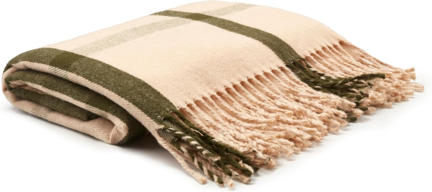 Arus Acrylic Highlands Collection Queen Size Tartan Plaid Design Throw Blanket Cream Green, 60x80 inch