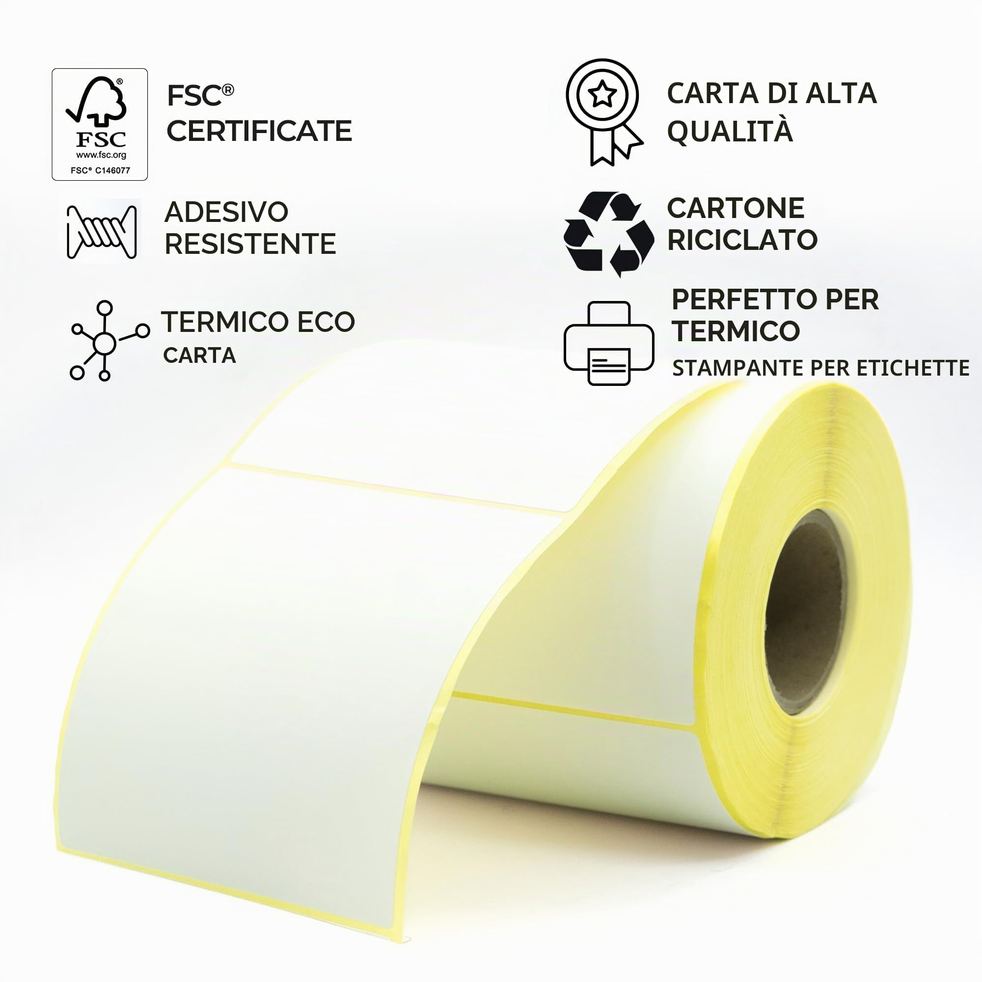 Etichette termiche bianche su rotolo 100 × 100 mm – 500 pezzi, adesive permanentemente, etichette per codici a barre autoadesive per etichettatura