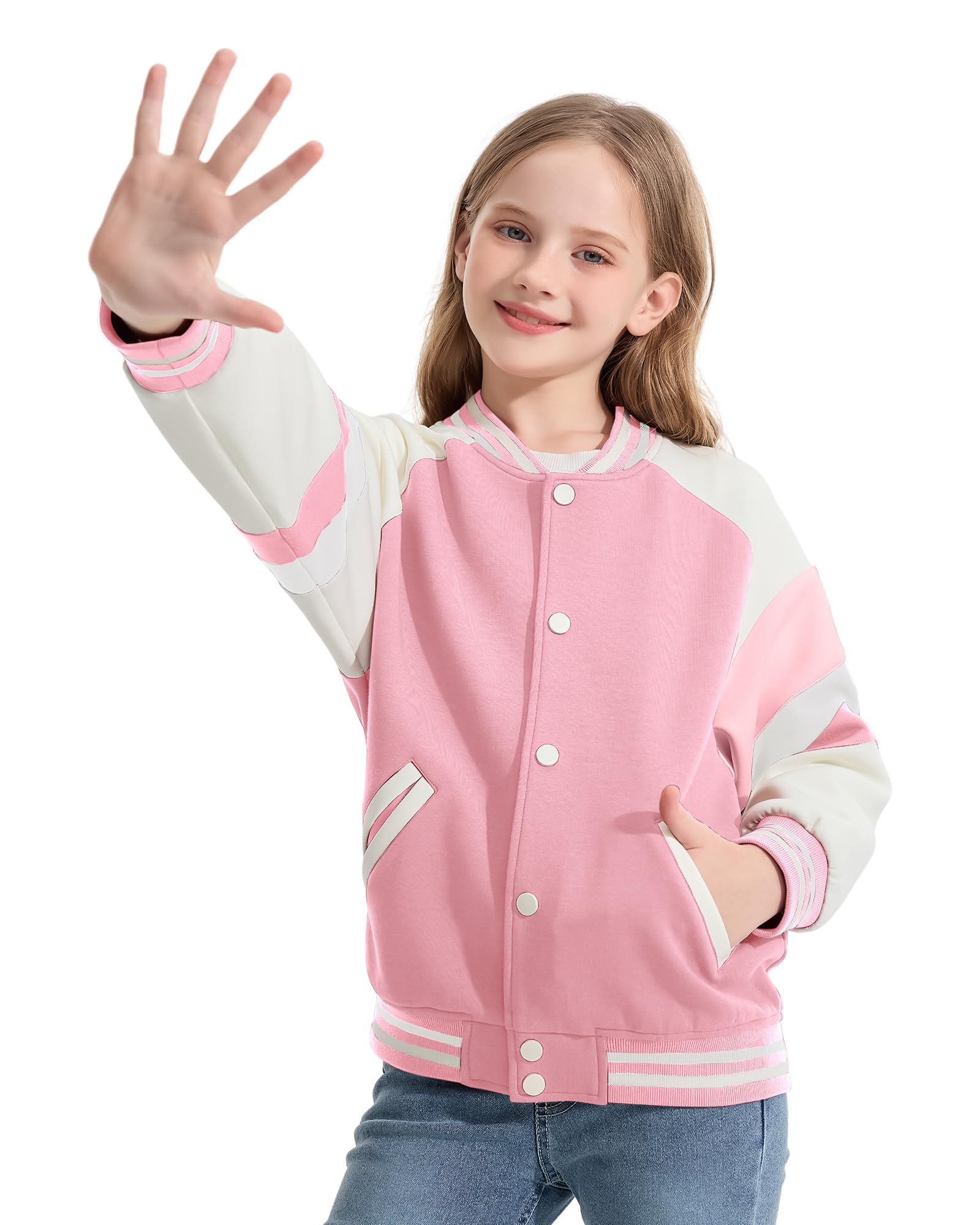 Rolanko Mädchen Baseball Jacke Jungen im Varsity-Stil, Sweatjacke mit Taschen für die Schule, Bomber mantel für Kinder