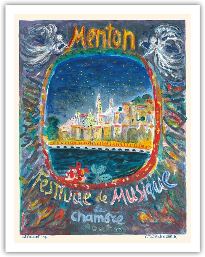 Pacifica Island Art Menton, France - Chamber Music Festival (Festival de Musique de Chambre) - Vintage World Travel Poster by Constantin Terechkovitch c.1966 - Fine Art Print 11" x 14" APB4737