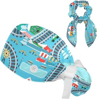 FVQL 2 Pieces Surgical Cap for Long Hair Scrub Cap with Hairband Nurse Cap, Cityscape Cartoon Pattern