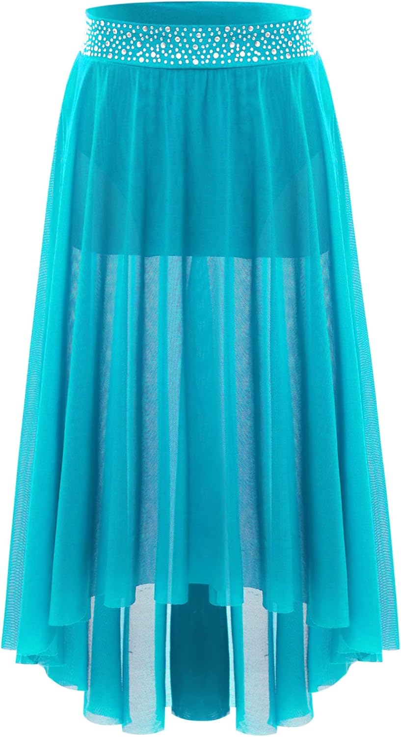 Girls Kids High-Low Irregular Slit Skirt Lyrical Modern Dance Skirt Elastic Shiny Waistband Tulle Skirt