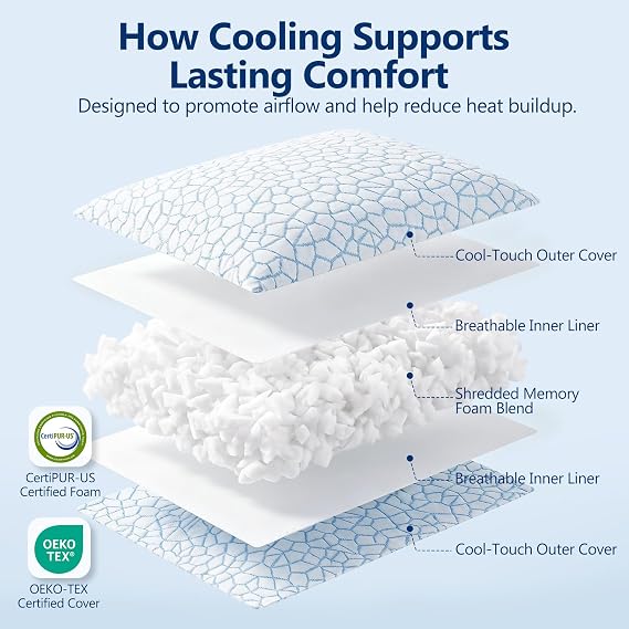 QUTOOL Enhanced Cooling Pillows for Sleeping, CertiPUR-US Shredded Memory Foam Pillows Standard Size Set of 1 for Hot Sleeper, Adjustable Pillow for Side, Back, Stomach Sleepers Support Yet Soft, Blue