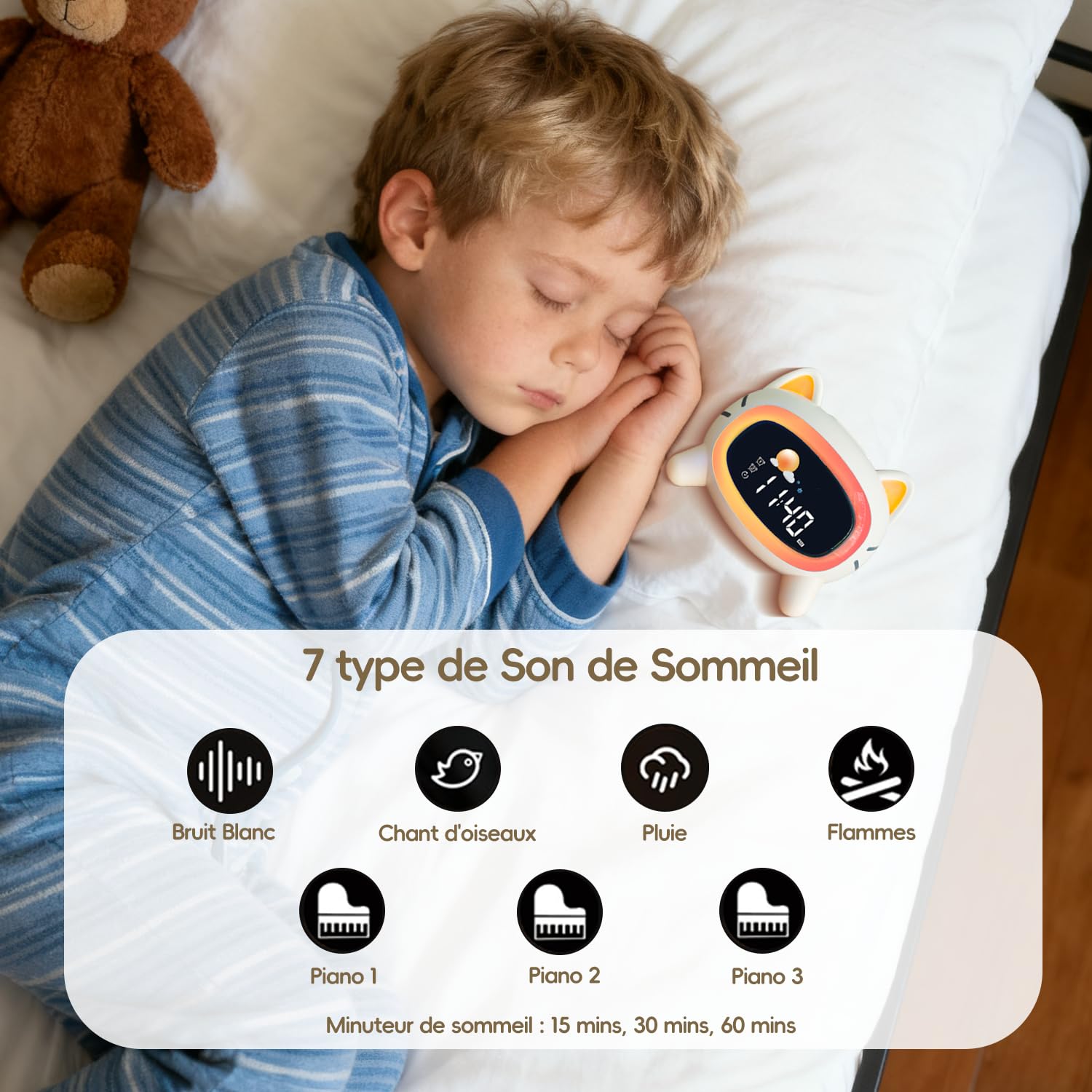 Réveil Enfant éducatif Jour/Nuit avec 2 Réveils Alarmes - Mode Weed-End - Veilleuse - Son de Sommeil - Rechargeable avec Secteur pour Enfant Fille Garçon (Lot de 2)