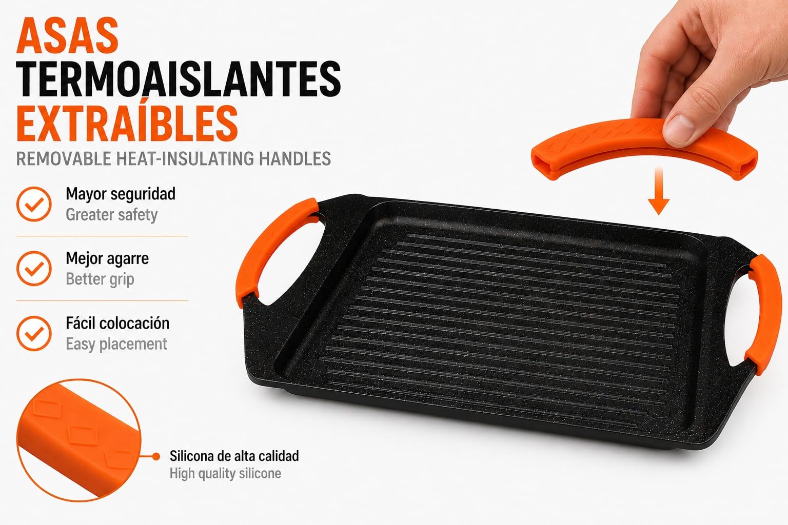 WECOOK! Ecochef Plancha Grill 45x26 cm, Antiadherente, Inducción | Aluminio fundido, Antiadherente 5 capas Quantanium, Asas silicona extraíbles, Apta inducción, gas y vitrocerámica