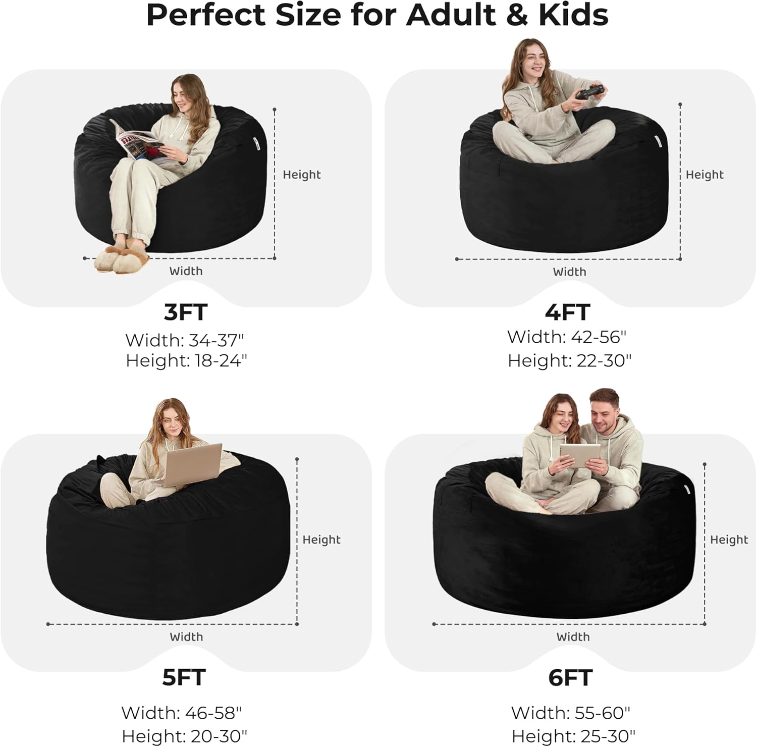 HABUTWAY Bean Bag Chair: Giant 6' Memory Foam Furniture Bean Bag Chair with Microfiber Cover - 6Ft,Black - Image 3