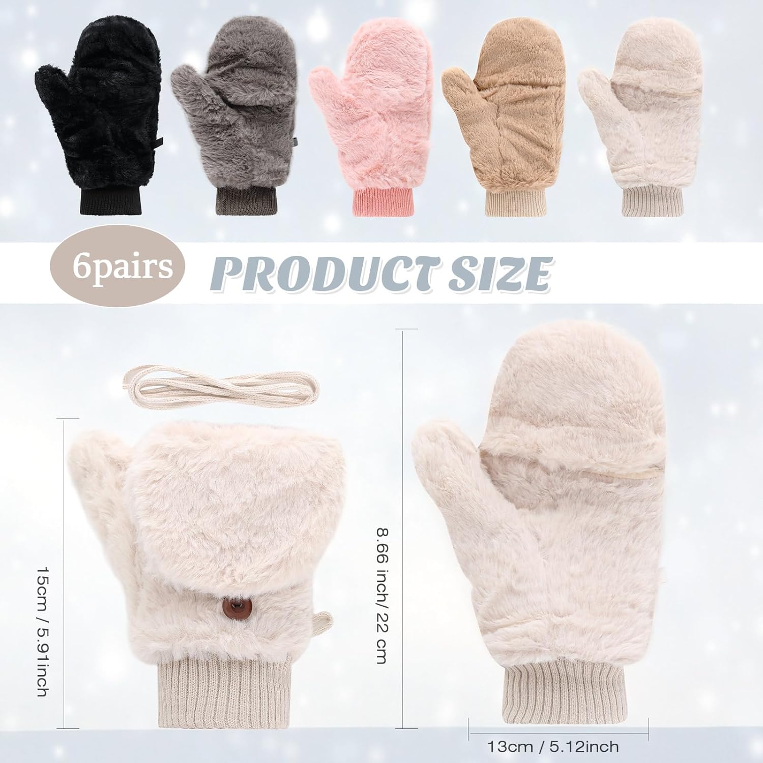 6 Pairs Fur Flip Mittens Women for Winter Warm Soft Half Finger Fingerless Convertible Fuzzy Gloves - Image 2