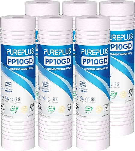 PUREPLUS Filtro de agua de sedimentos para toda la casa de 5 micrones, 10 x 2.5 pulgadas, cartucho de repuesto de sedimentos ranurados para