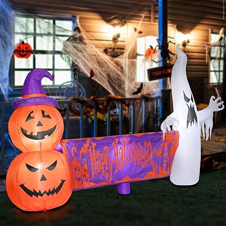 8 FT Long Inflatable Halloween Decorations Outdoor, Inflatables Pumpkins and Ghost Holding...