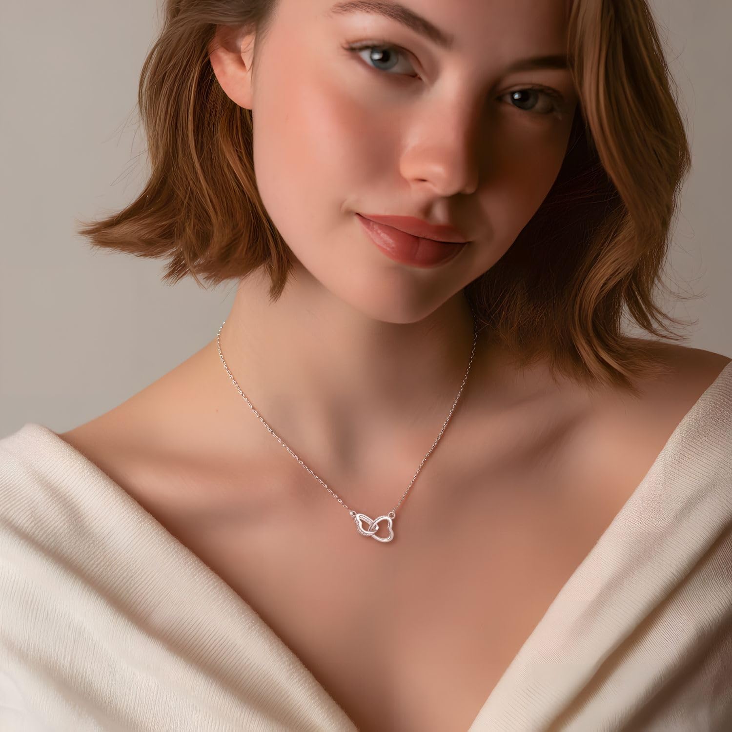 Heart Necklaces for Women Sterling Silver Two Interlocking Heart Necklace Cubic Zirconia Love Open Heart Pendant Dainty Double Heart Choker Crystal Jewelry - Image 3