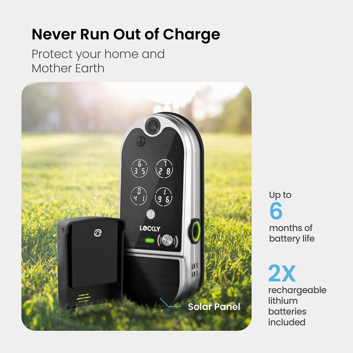 Lockly Vision smart lock with a solar panel and rechargeable batteries shown in a grassy outdoor setting.