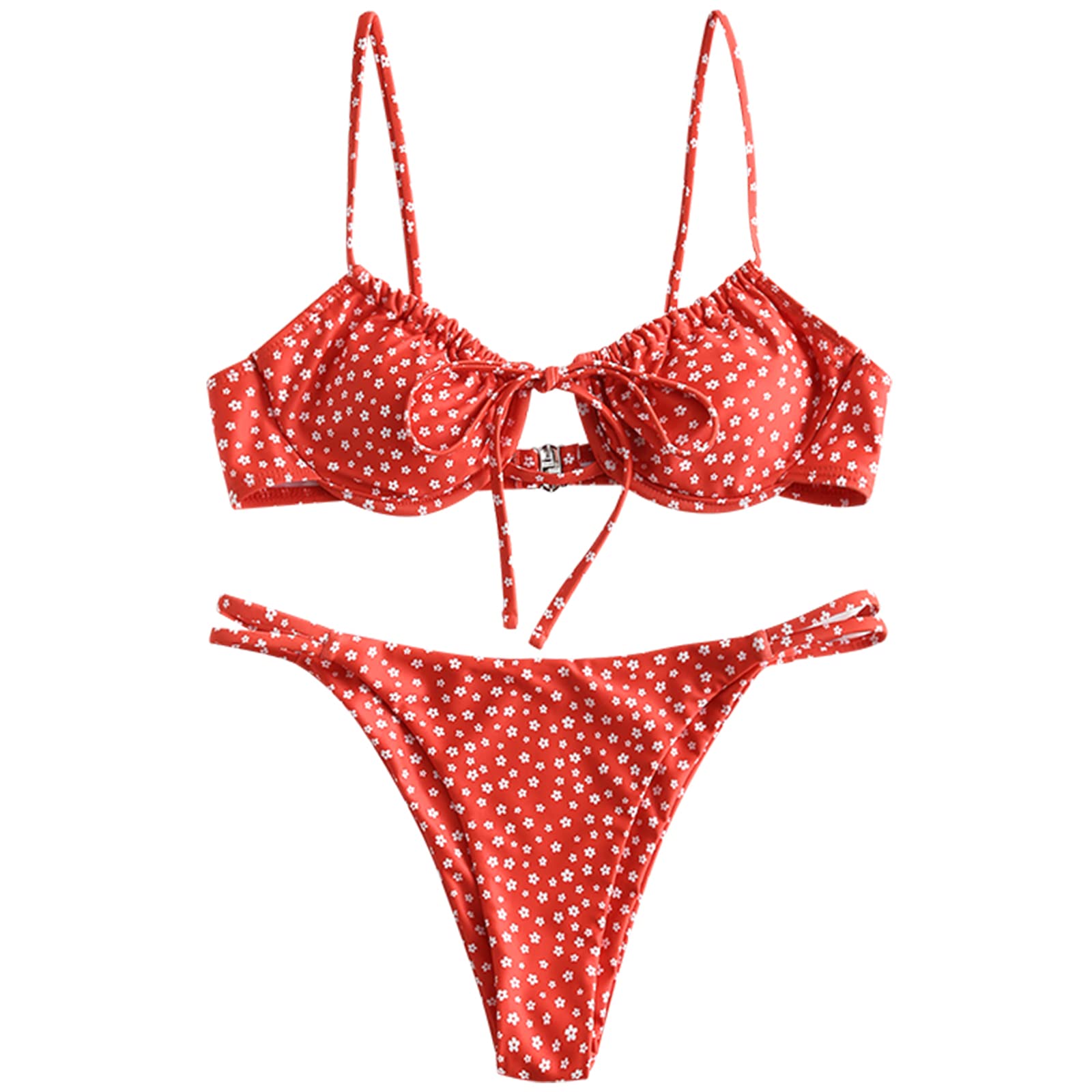 ZAFUL Women's Ditsy Floral Printed Swimsuit Underwired Knotted String Triangle Bikini High Cut Cheeky Bikini Set