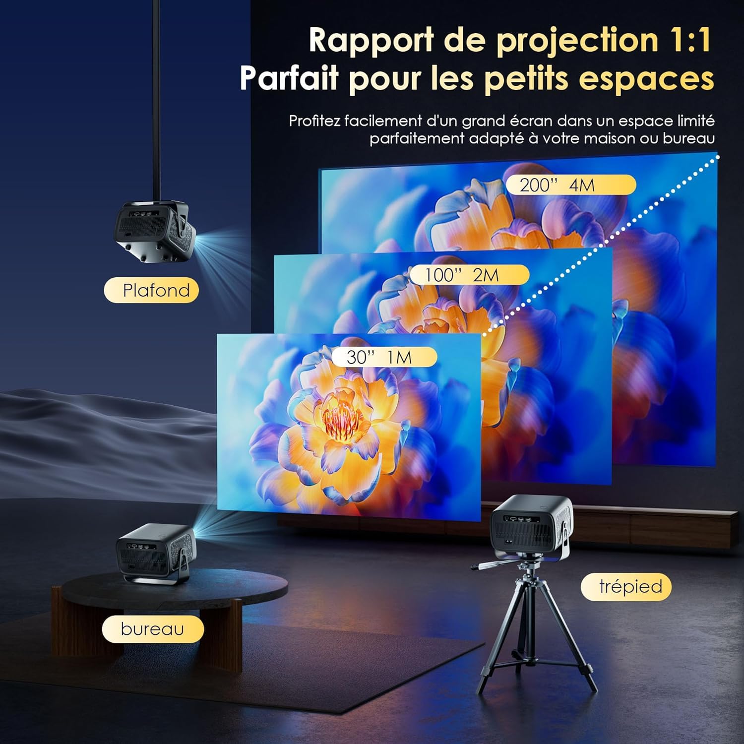 [App Intégrée] Vidéoprojecteur 1080P 4K Supporte Mini Projecteur Home Cinéma Projecteur Video Supporté pour Correction Trapézoïdale Automatique, Android TV BT5.1 360° Rotation, TV Stick/avec HDMI,