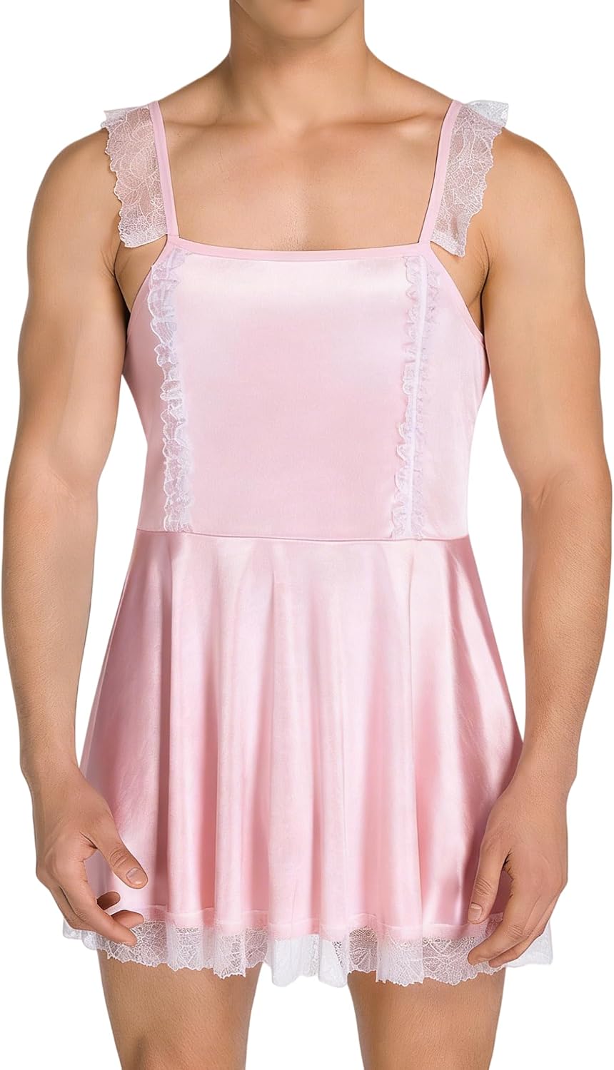 ABAFIP Men's Satin Nightgown with Lace Trim, Adjustable Strap Crossdressing Sleep Dress for Night