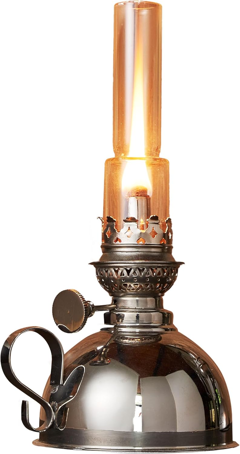Kings County Tools Oil Lamp – 9” Tall Lantern with Antique-Style Nickel Body and Glass Chimney – Decorative Kerosene Lantern with Adjustable Wick – Oil Lamps for Indoor or Outdoor Use