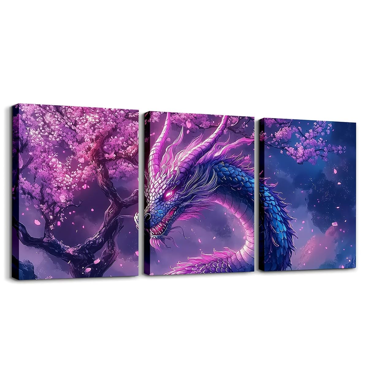 Homewish 3D Dragon Painting for Living Room Bedroom, Magical Fantasy Animal Canvas Wall Art 12x16 Set of 3, Japanese Floral Paintings Wall Decor, Dreamy Galaxy Sky Poster Prints