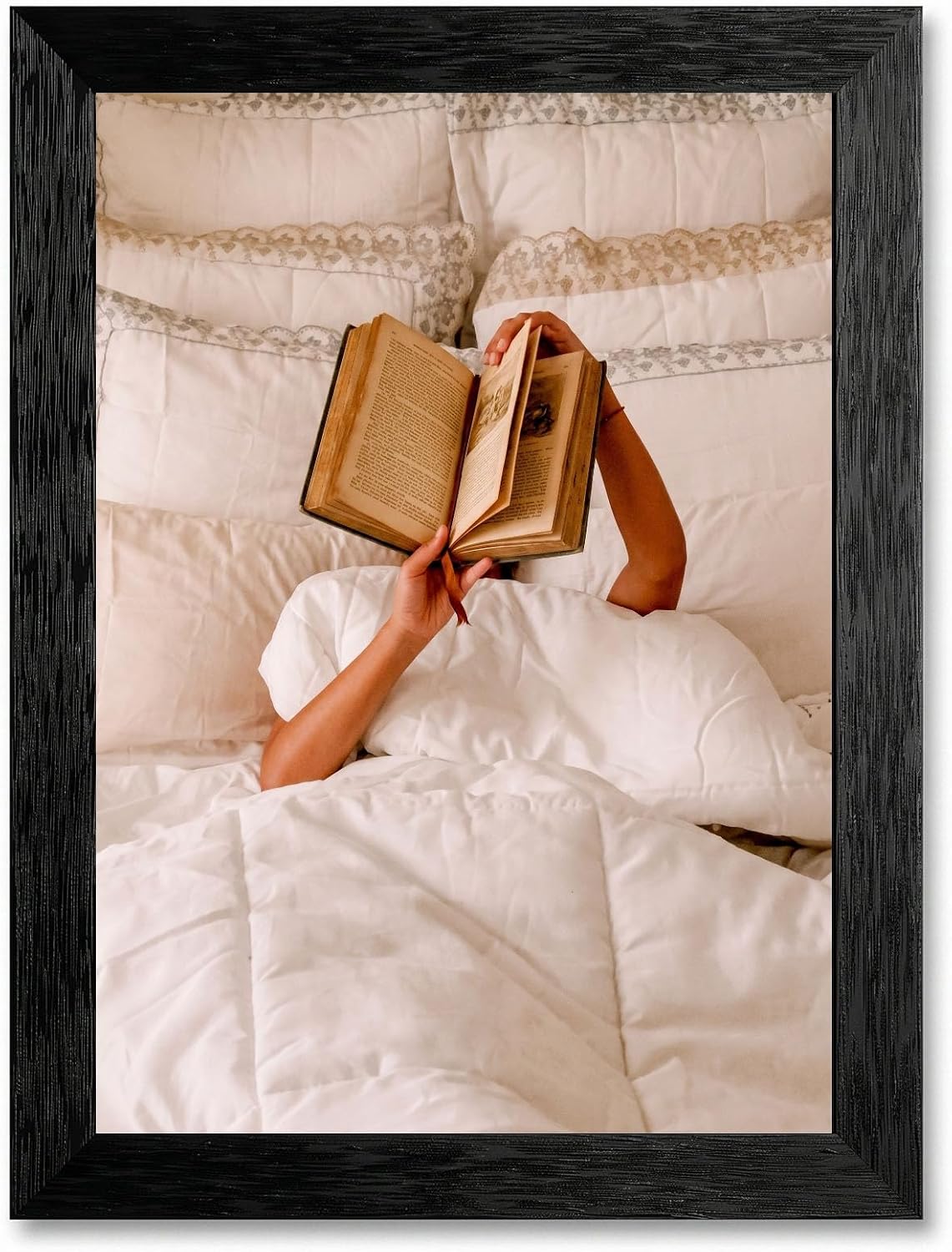 Framed Canvas Wall Art Nostalgic High-Key Reading Hands under Bedding Creamy White and Beige Aesthetic Canvas Print Poster Black Frame Wall Decor for Bedroom, Cozy Art, Book Lover - 12x16 Inch