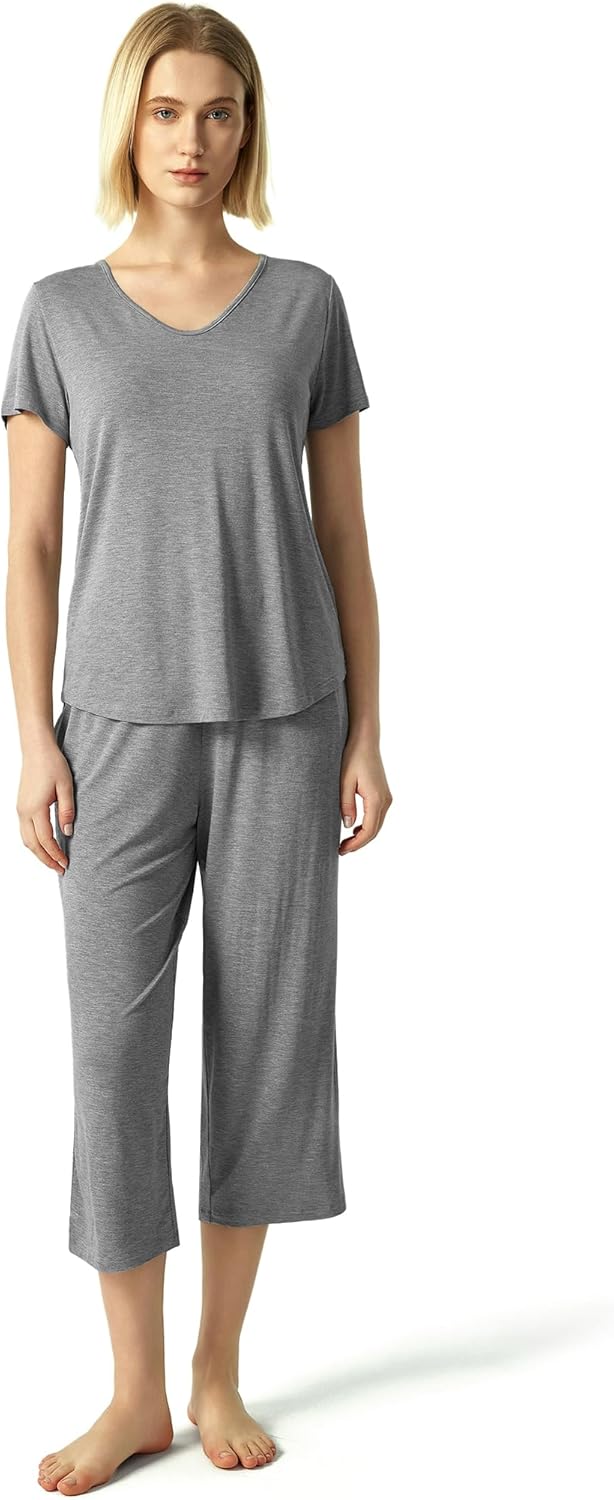 GYS Bamboo Viscose Women Pajama Sets Short Sleeve Top and Capri Pants 2 Piece Casual Lounge Sets