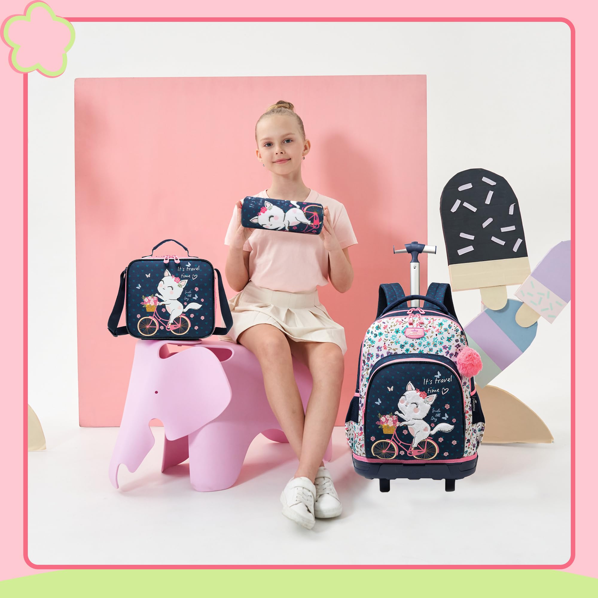 HTgroce Kinder Trolley Rucksack Schulranzen mit Rollen Mädchen schultrolleys Schulrucksack Kinderkoffer Rolling Backpack for Girls