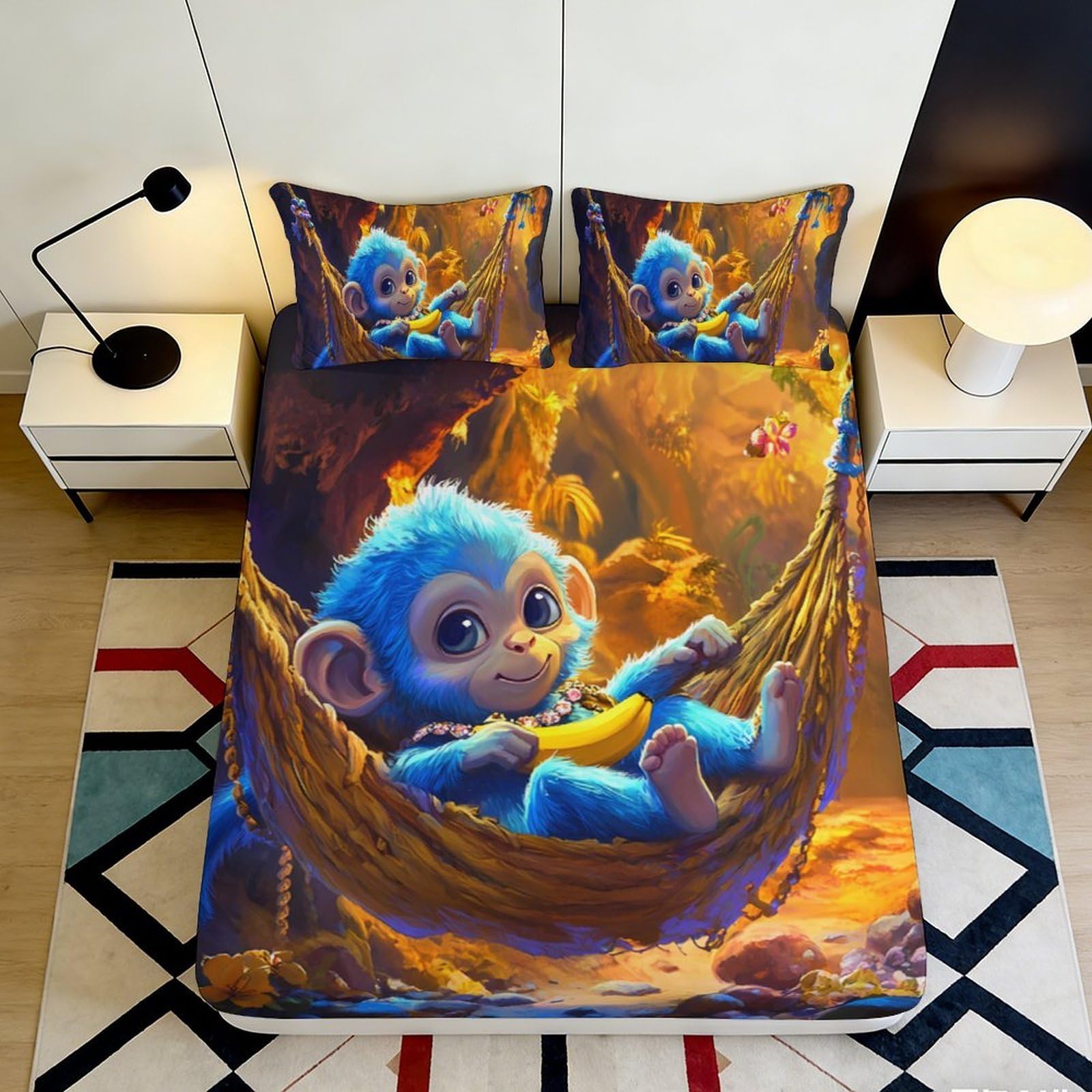 3D Printed Blue Cartoon Monkey Fitted Sheet Microfiber Non-slip Jungle Bed Cover for Bedroom Guest Room Decor 90x200x25cm