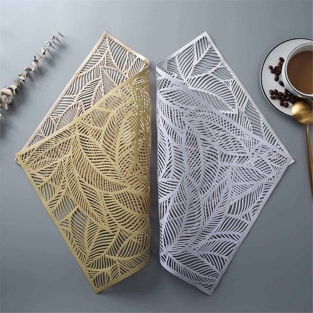 4pcs Rectangle Leaves Hollow Out Place Mat Insulation Table Cover Decoration Use for Home Restaurant Washable(Gray)