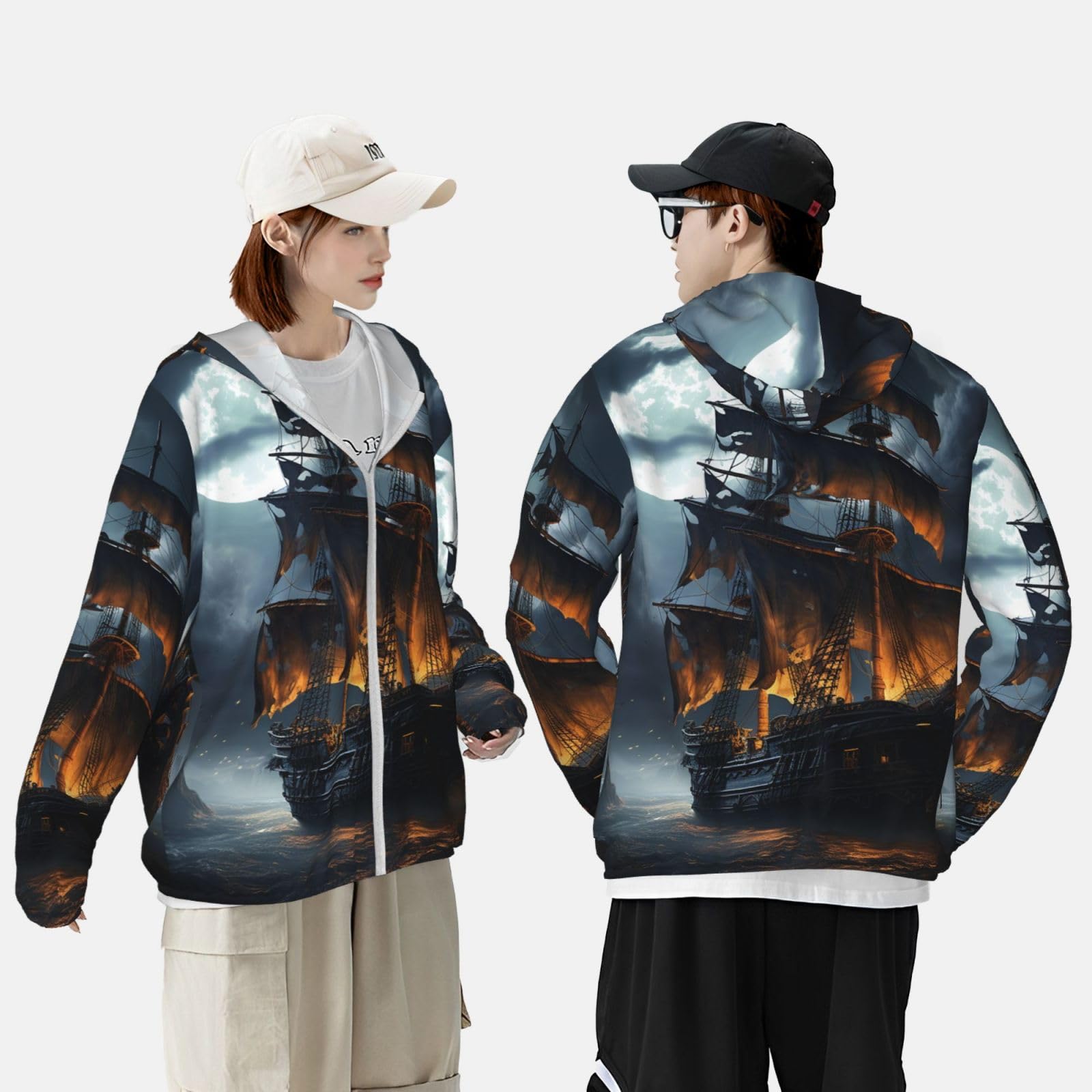 NONHAI Men's Sun Protection Jacket UPF 50+ Full Zipper Long Sleeve UV Hoodie Shirt Pirate Sailboat Full Women's Outdoor Jacket Black
