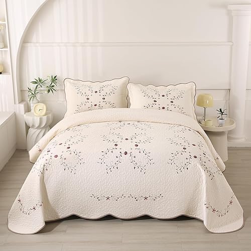 Miniatura 3 de vctops Elegante juego de edredón bordado floral tamaño Queen, 100% algodón, reversible, acolchado con borde festoneado, colcha suave y ligera con 2