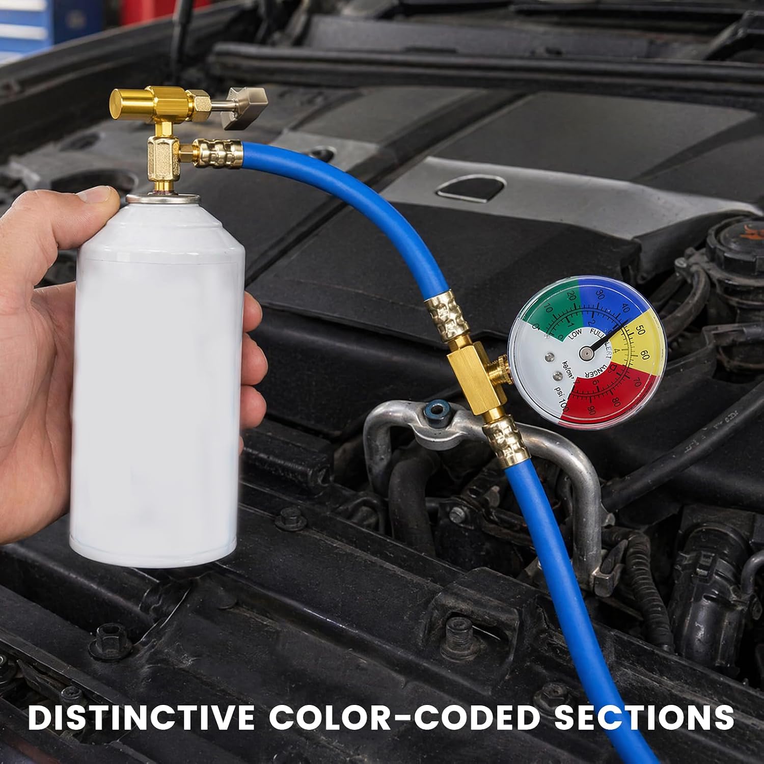 R134A Car AC Refrigerant Charge Hose Kit, Air Conditioning Charging Hose with 100PSI Pressure Gauge, Recharge Hoses Kit with 1/2" Self-Sealing Can Tap for Car AC Refrigerant