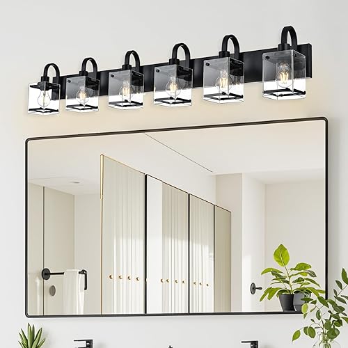 Miniatura 3 de Luces de tocador de baño de 6 luces, luces de pared negras modernas para baño con pantalla de vidrio transparente, para espejo, cama, pasillo (base