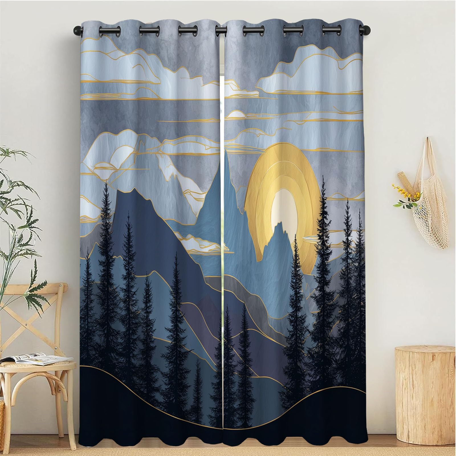 Rideaux occultants pour chambre à coucher au motif de coucher de soleil de montagne