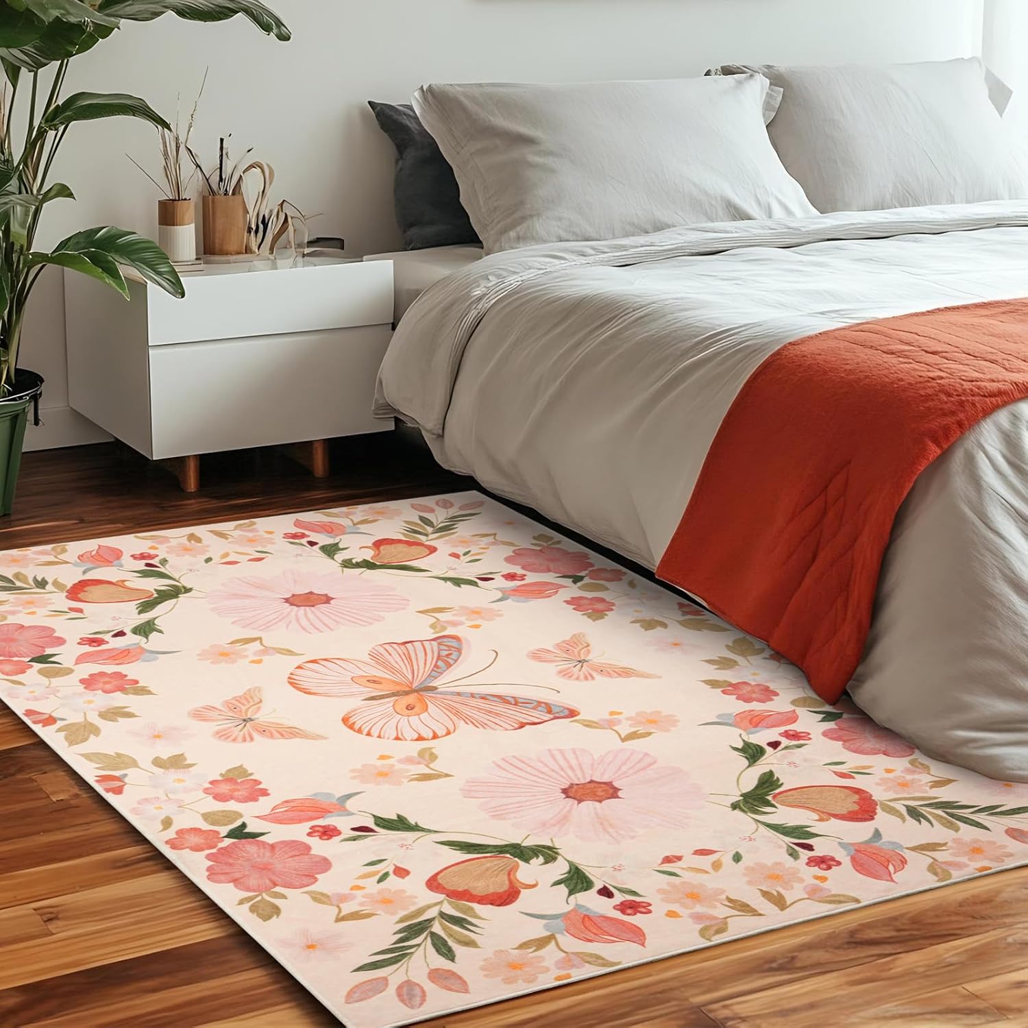 MOSISO 3x5 Area Rug for Living Room, Soft Non-Slip Indoor Floor Low Pile Carpet, Faux Wool Rectangular Large Butterfly Flowers Washable Area Rugs for Home Bedside Bedroom Dining Room, Apricot
