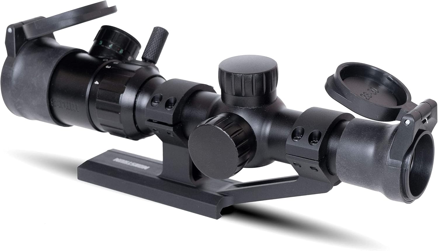 Monstrum 1-4x20 Rifle Scope with Rangefinder Reticle | ZR255 H-Series Offset Scope Mount | Monstrum Flip Up Lens Cover Set | Bundle