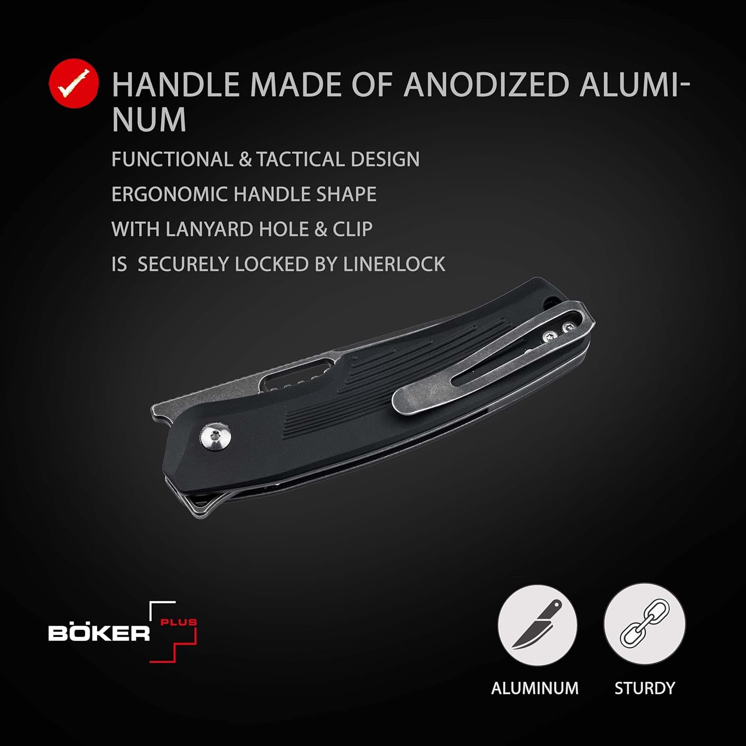 BÖKER PLUS® Nahal Flipper knife - military tactical knife with thumb hole - black D2 blade - tactical folding knife with clip - with case & gift box