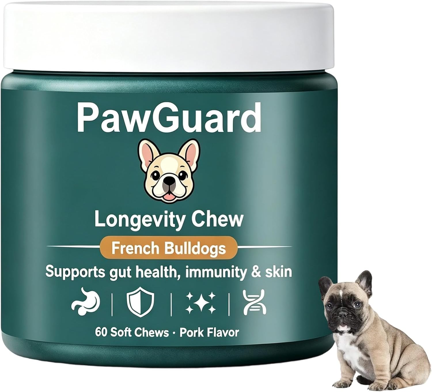 PawGuard French Bulldog Longevity Chews, Breed-Specific Formula for Gut Health, Skin & Coat, Immune System, Joint Mobility Pork Flavor, 60 Count Probiotics Chews (2 PCS)