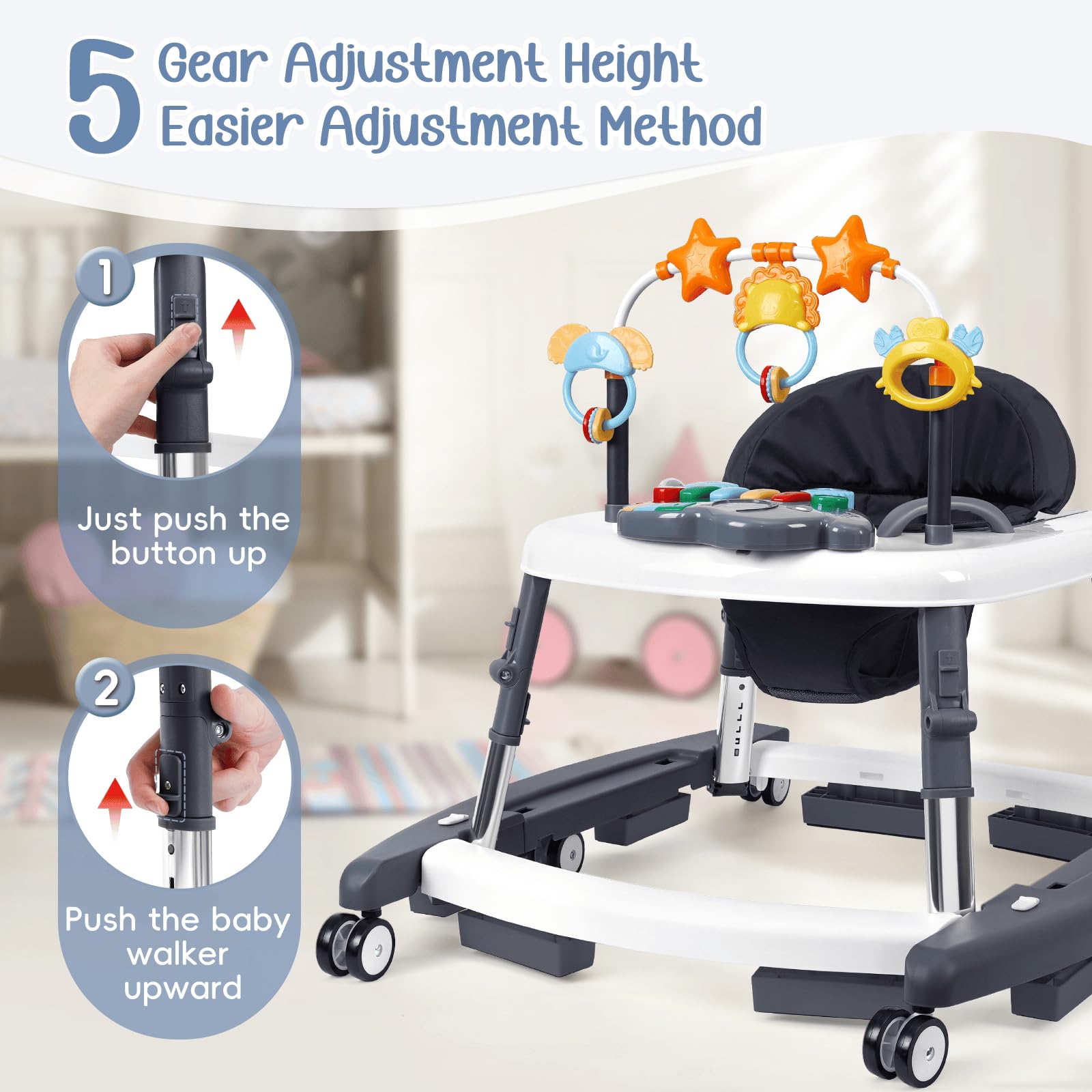 5 in 1 Baby Walker Foldable Music and Lights with 5 Adjustable Heights, Baby Walker with Wheels Portable, Infant Toddler Walker for Baby Boy Girls 6-18 Months (D-Grey) - 4
