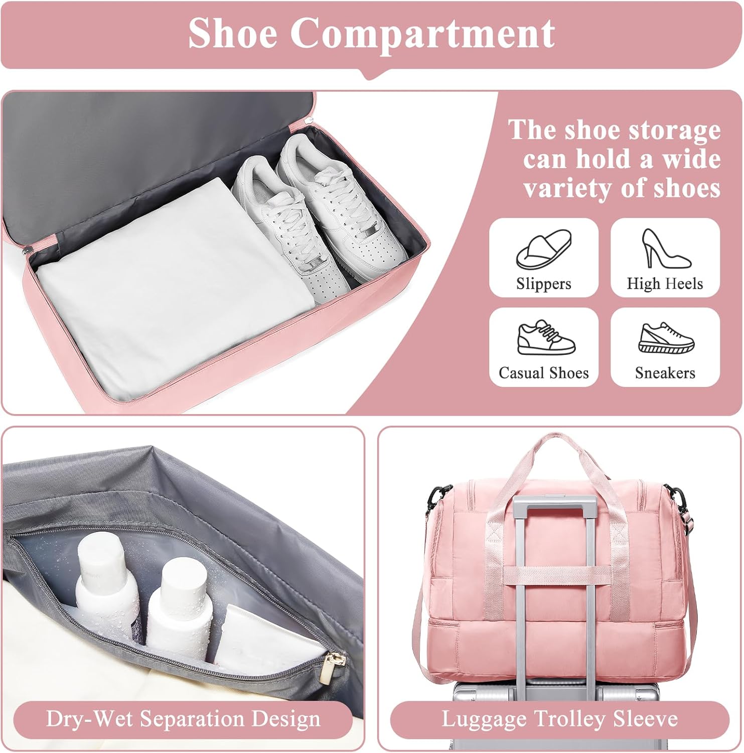 Travel Duffle Bag, Weekender Bags for Women,Overnight Weekend Carry On Personal Item Travel Bag with Shoes Compartment & Toiletry Bag,Pink - Image 5