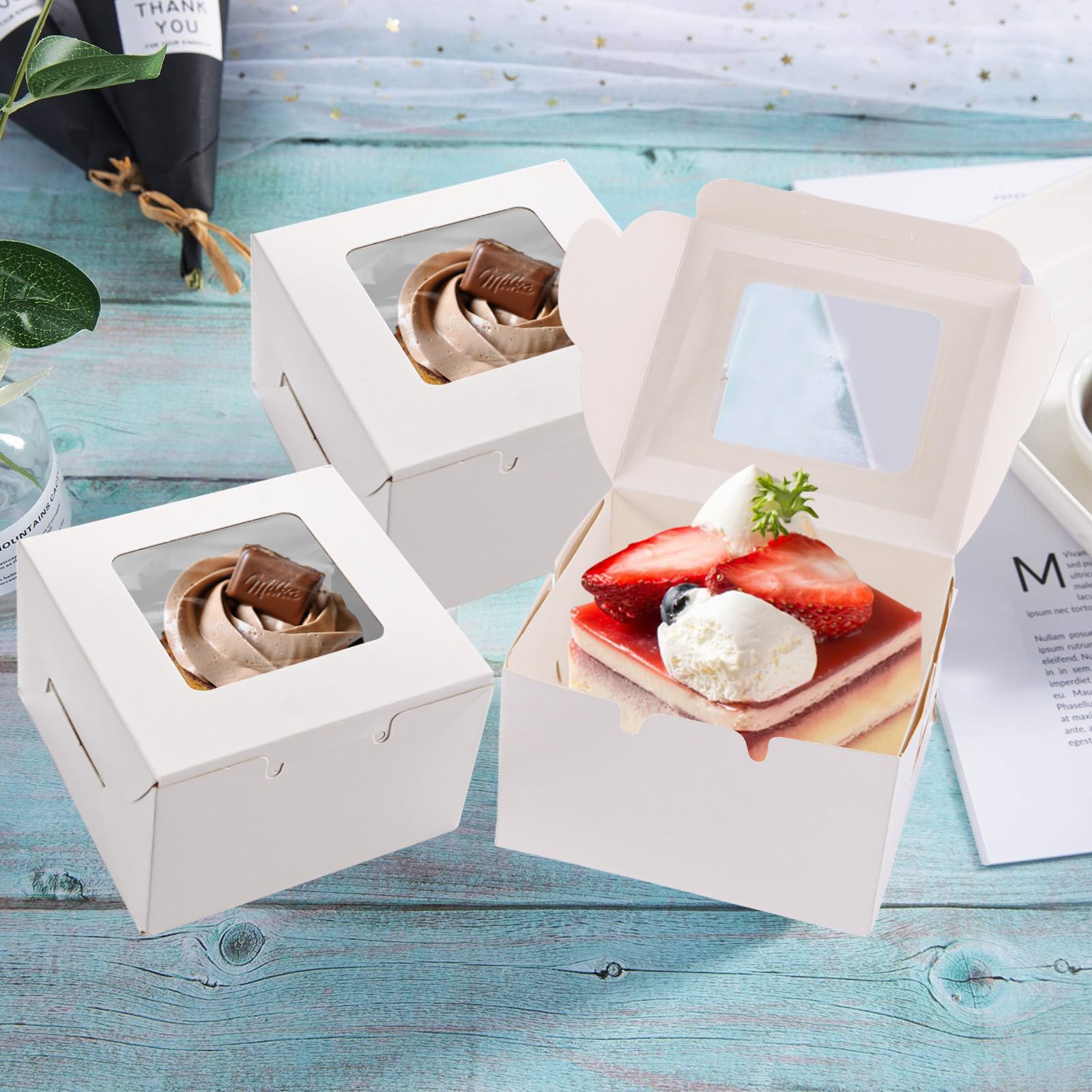 CYEER Paquete de 100 cajas para tartas, 4 x 4 x 2.5 pulgadas, cajas individuales blancas para cupcakes, pequeñas cajas para pasteles de panadería con ventana, mini cajas de dulces para porciones de