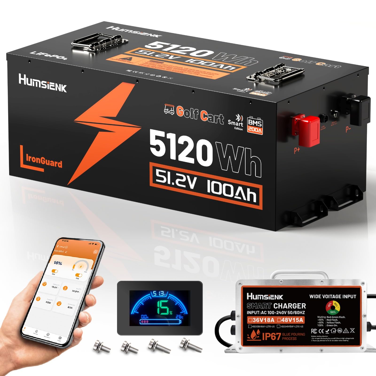HumsiENK 48V 100Ah Lithium Golf Cart Battery with 58.4V Charger, LiFePO4 200A BMS (410A Peak), Bluetooth &amp; LCD, Metal Casing, Drop-in Replacement for EZGO, Club Car, Yamaha, Off-Grid Solar