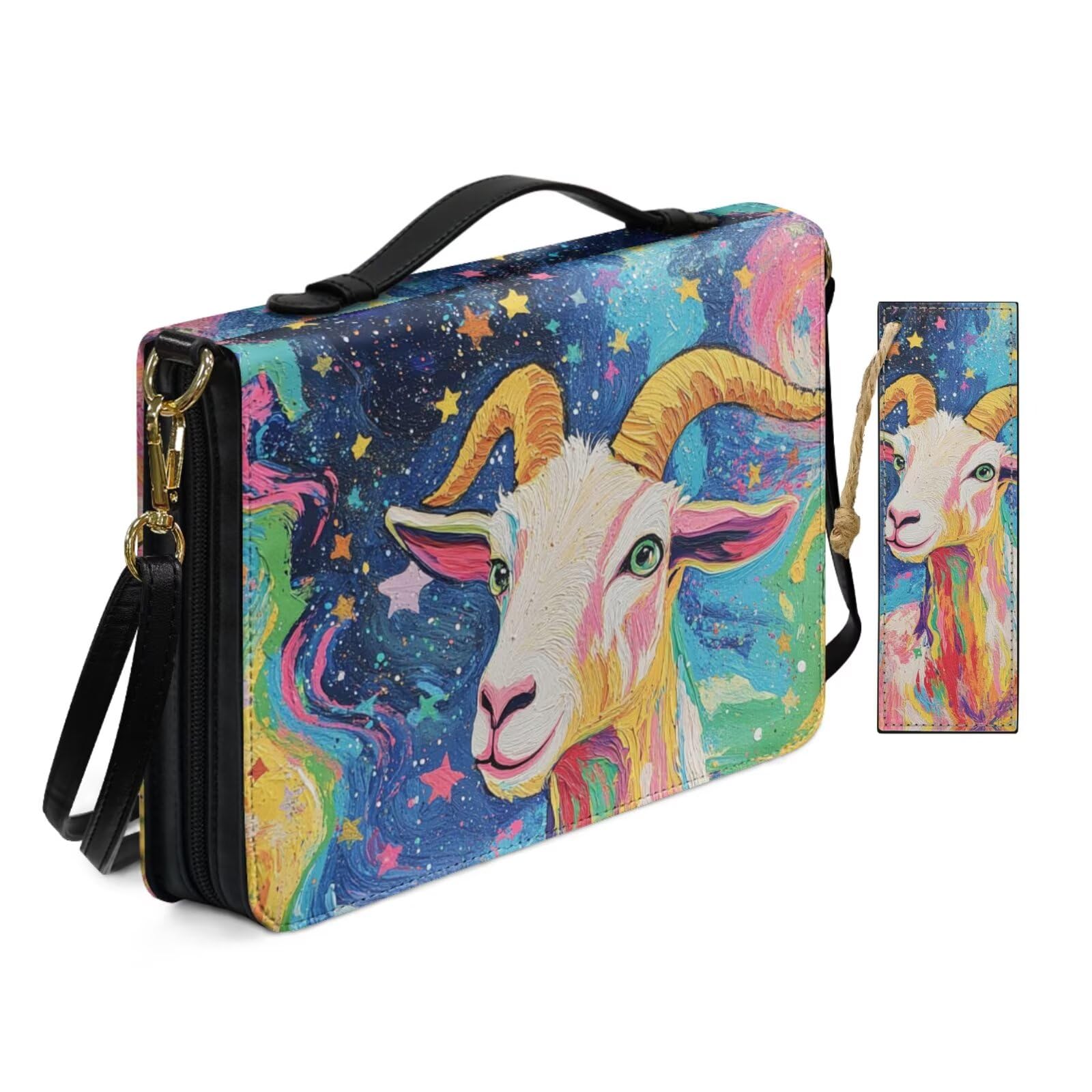 Oil Painting Illustration Galaxy Goat Bible Cover Case for Women Travel Church Worship Print Pu Leather Crossbody Shoulder Strap Bible Bags with Bookmark & Handle Pockets Zippered