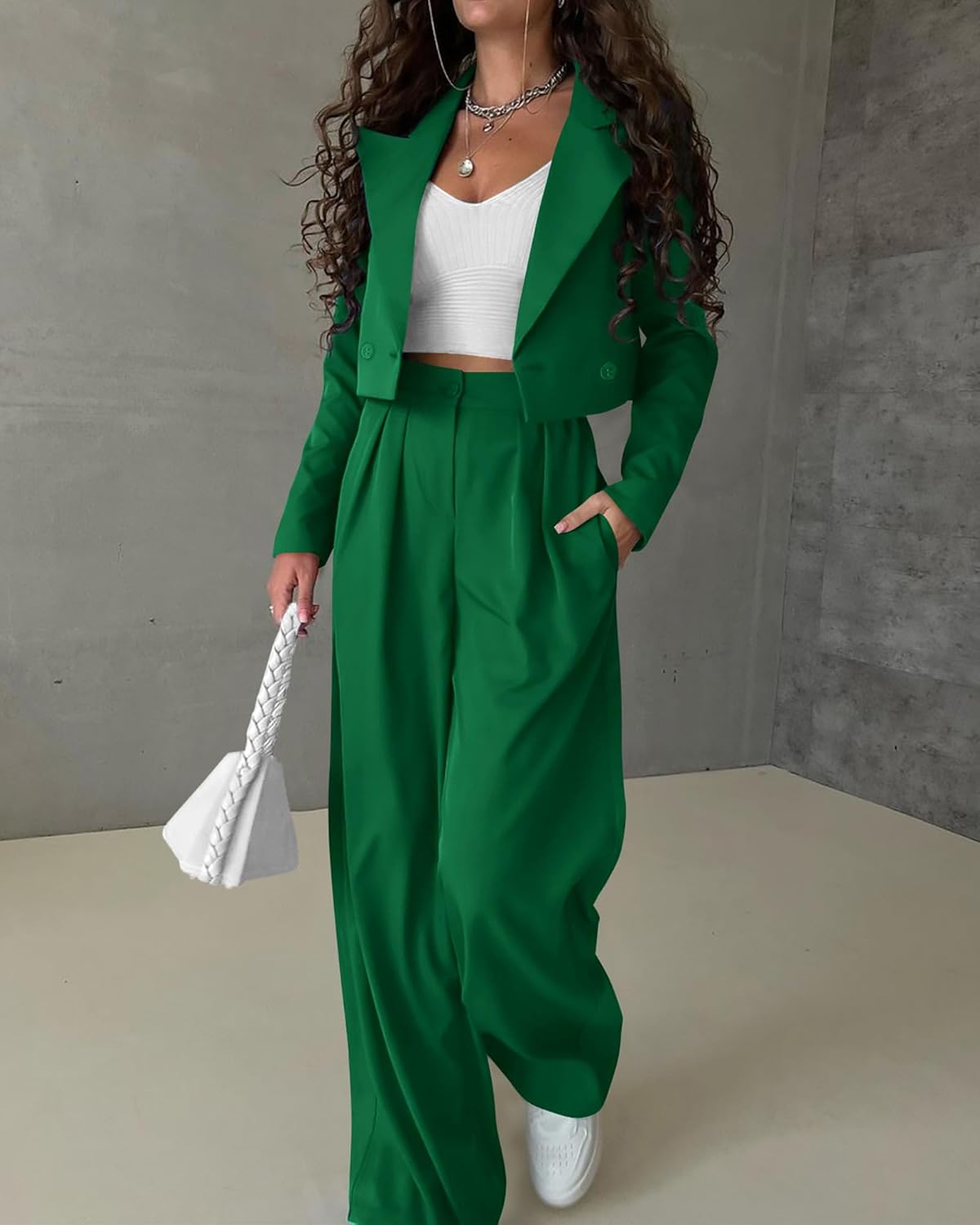 KIRUNDO Business Casual Outfits for Women 2025 Fall 2 Piece Cropped Blazer Jackets Wide Leg Pants Suit Sets Work Clothes - Image 5