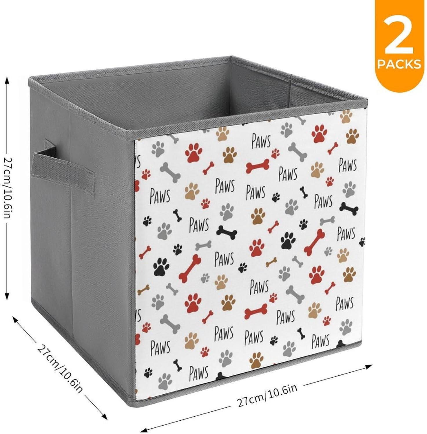 Foldable Storage Cube with Handles Dog Paw Bones Print, 10.6 Inch Collapsible Fabric Bin for Books, Clothes, Toys, Sturdy Organizer for Bedroom & Dorm
