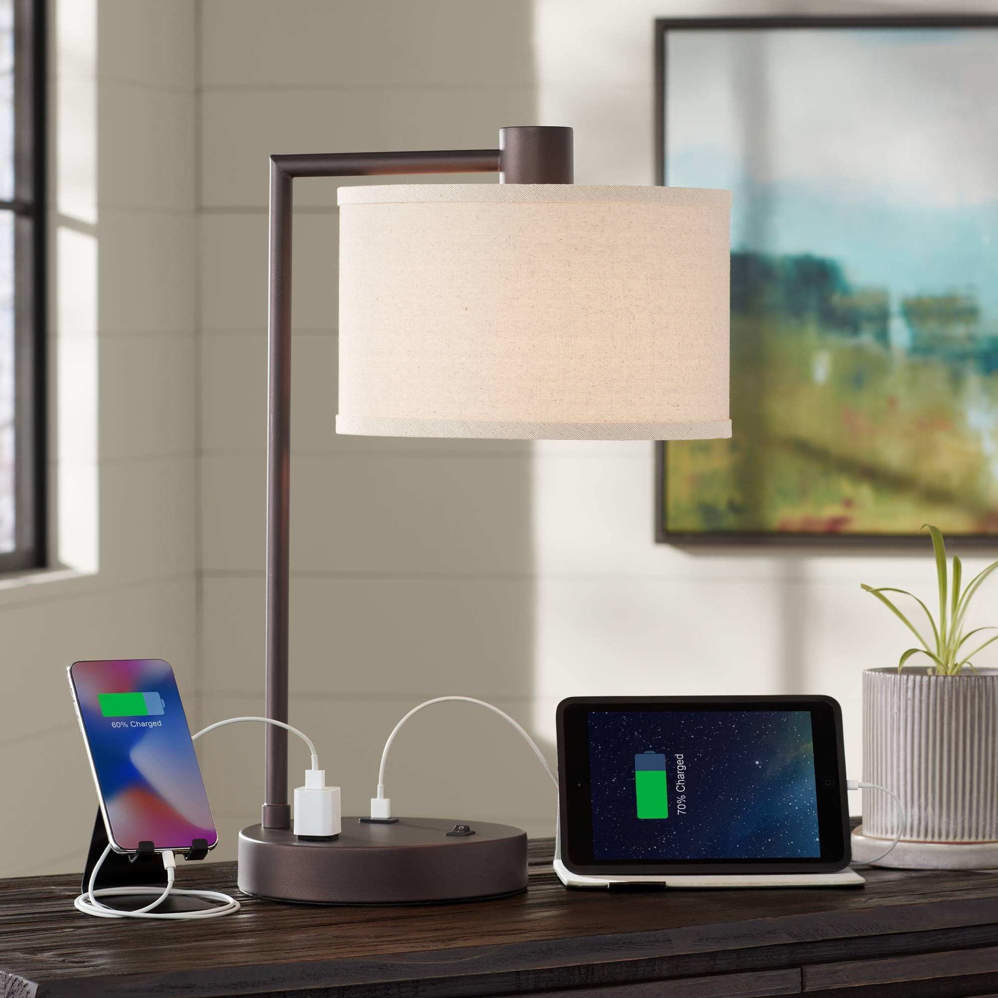 360 LightingColby Modern Desk Table Lamp with USB and AC Power Outlet in Base 21" High Bronze Metal Linen Uno Fitter Drum Shade for Living Room Bedroom House Bedside Nightstand Home Office
