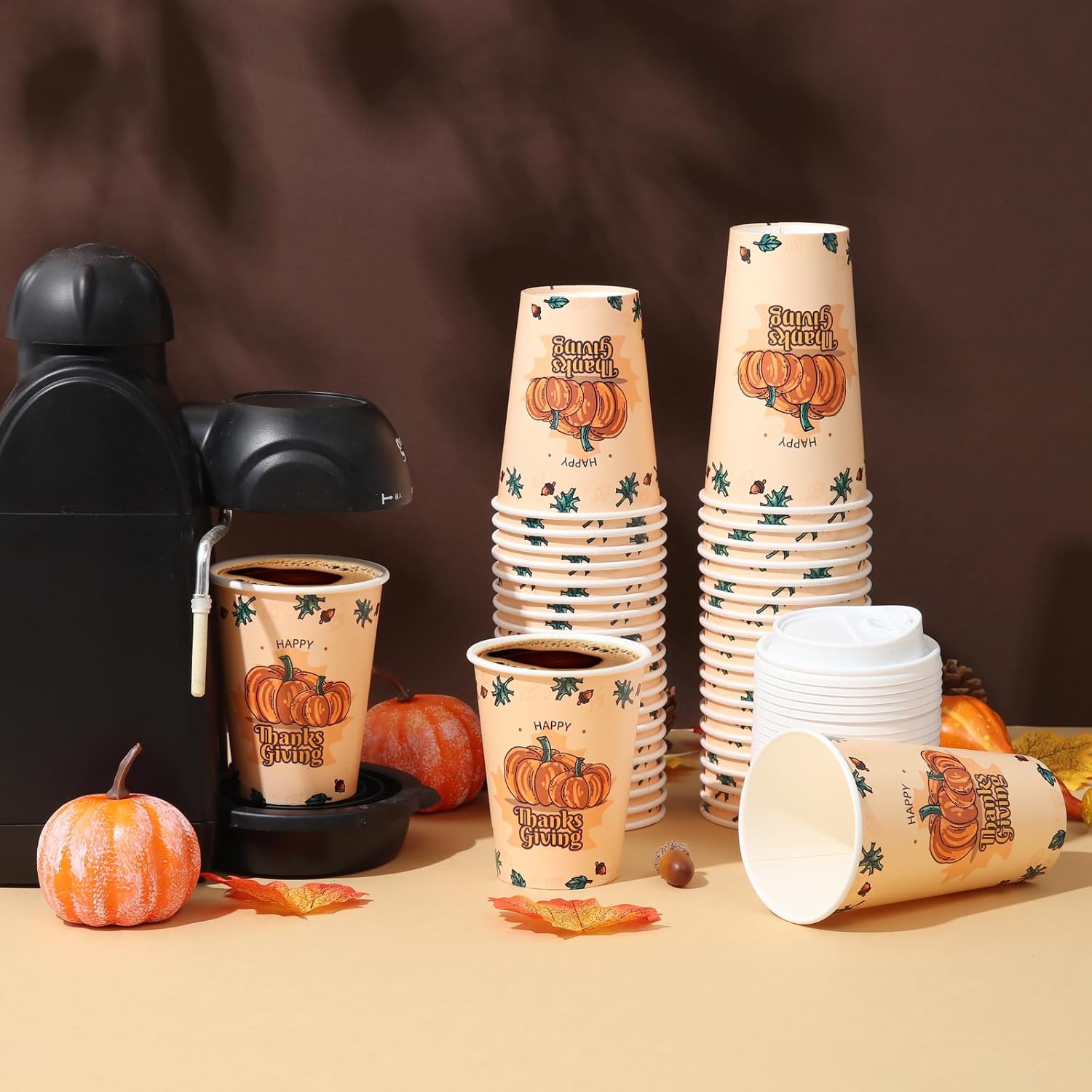 Tamone 100 PACK Thanksgiving Cups 16OZ Disposable Coffee Cups with Lids, To Go Coffee Cups with Lids Leak Proof, Pumpkin Paper Cups for Cold/Hot Coffee Beverage Chocolate Cocoa for Home Office